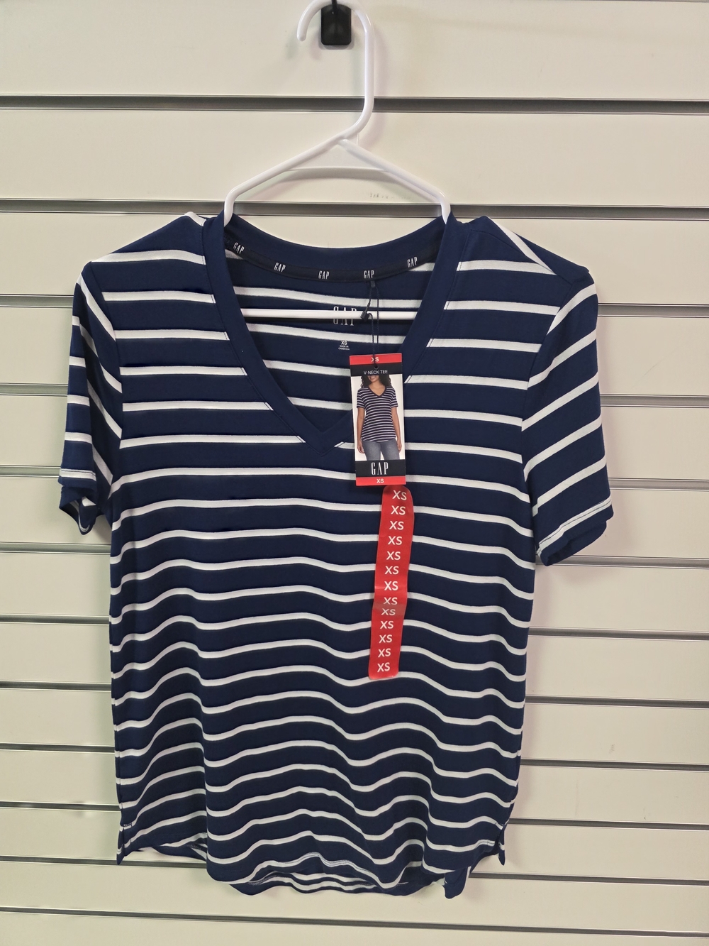 GAP Navy and White Striped V-Neck Tee